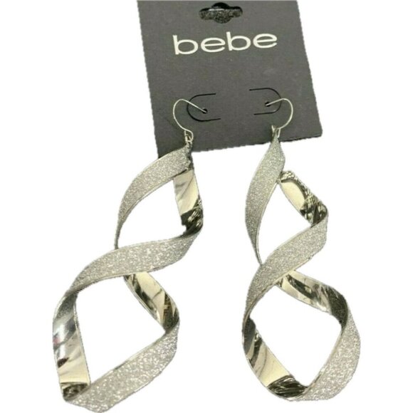 Bebe XL Sparkle & Polished Silver Twisted Linear Dangle French Wire Earrings - Picture 2 of 3